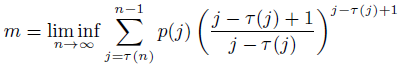 \begin{equation*}
m=\liminf_{n\rightarrow \infty }\dsum\limits_{j=\tau (n)}^{n-1}p(j)\left(
\frac{j-\tau (j)+1}{j-\tau (j)}\right) ^{j-\tau (j)+1}
\end{equation*}